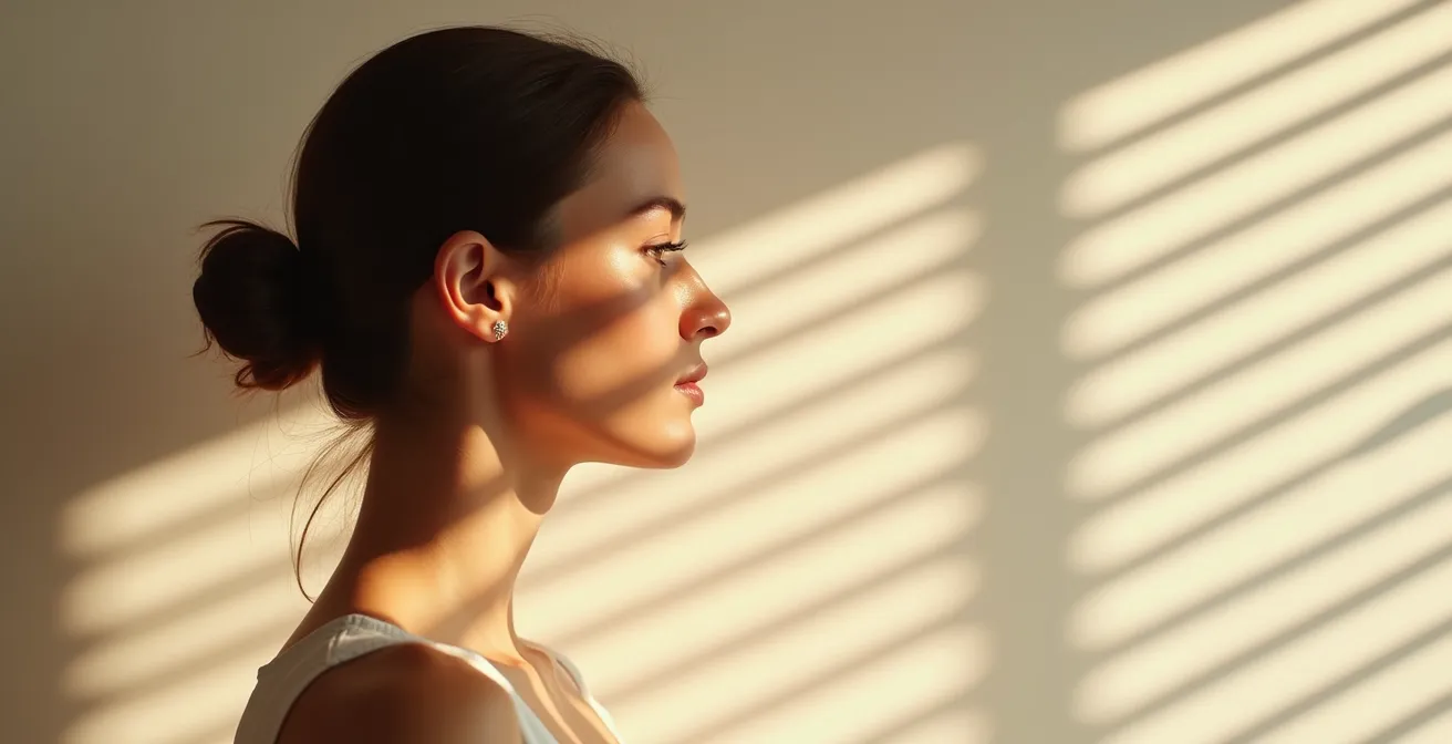 Sonnenlicht fällt durch Jalousien auf ein Gesicht mit sichtbarem Lichtschutz