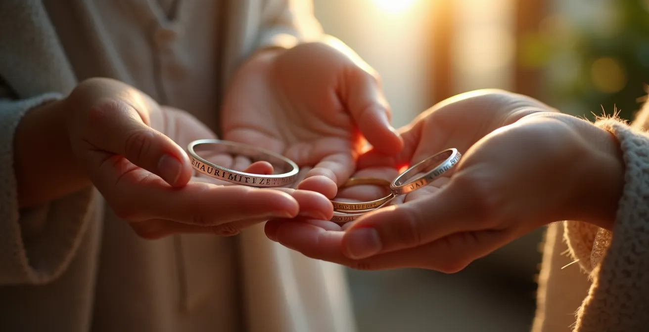 Nahaufnahme verschiedener Initialenarmbänder mit emotionaler Bedeutung