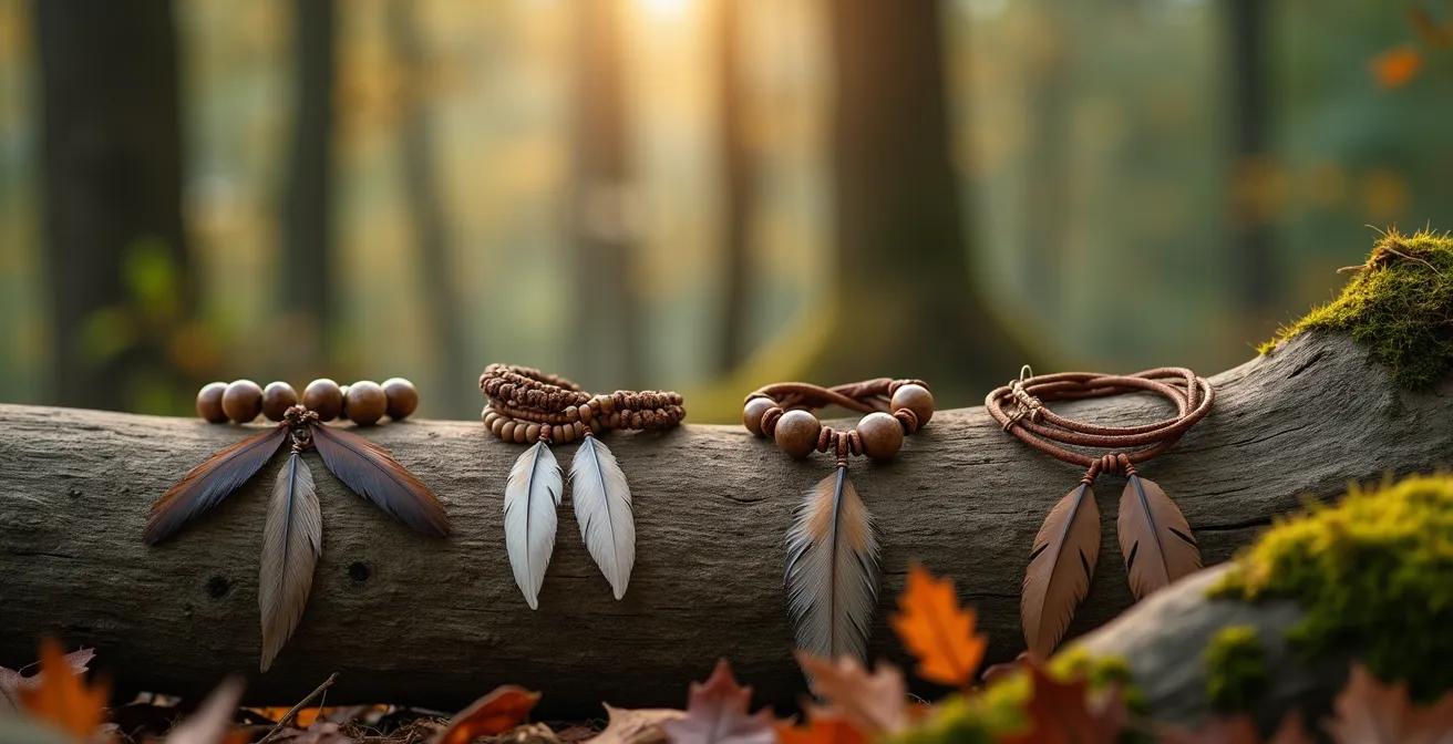 Boho-Schmuck mit Federn, Holzperlen und Lederbändern, kunstvoll auf einem Stück Treibholz in einer Waldlichtung arrangiert.
