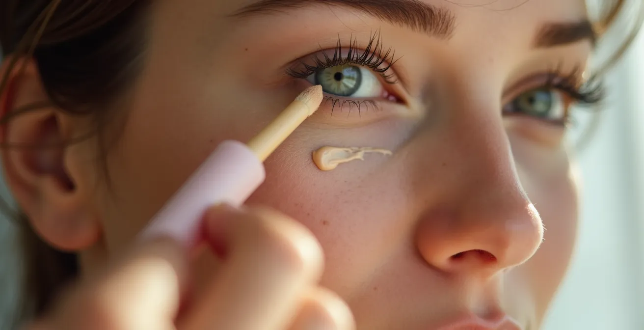 Nahaufnahme eines Gesichts mit präziser Concealer-Anwendung unter den Augen