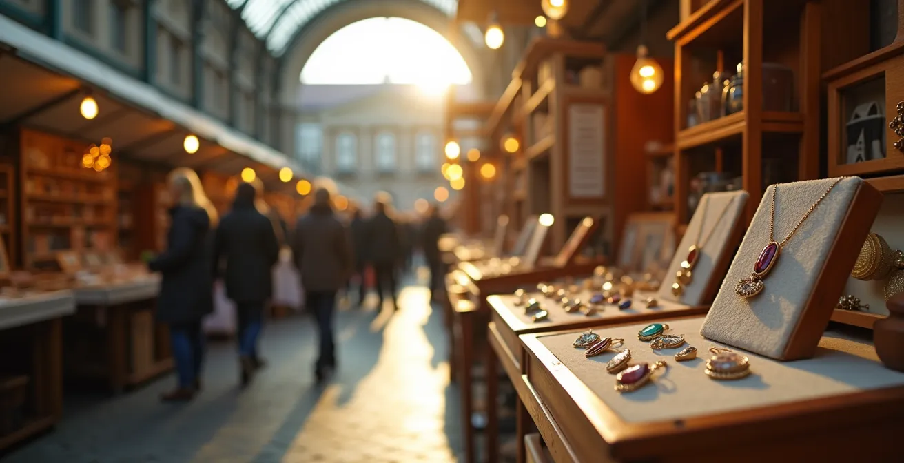 Atmosphärische Aufnahme eines deutschen Designmarktes, auf dem Schmuckstände mit handgefertigten Stücken zu sehen sind.