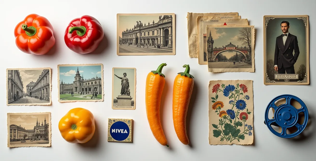 Collage aus deutschen Museumsshop-Accessoires, den Farben eines Wochenmarktes und grafischem Verpackungsdesign als Modeinspiration