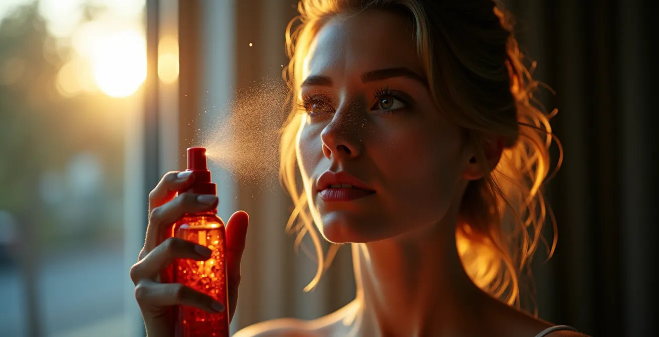 Elegante Frau beim Auftragen von Setting Spray für langanhaltende Smoky Eyes