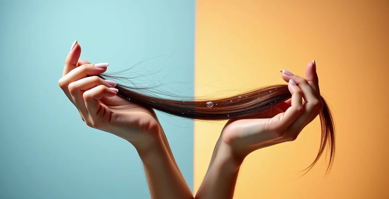 Hände dehnen vorsichtig eine nasse Haarsträhne zur Elastizitätsprüfung