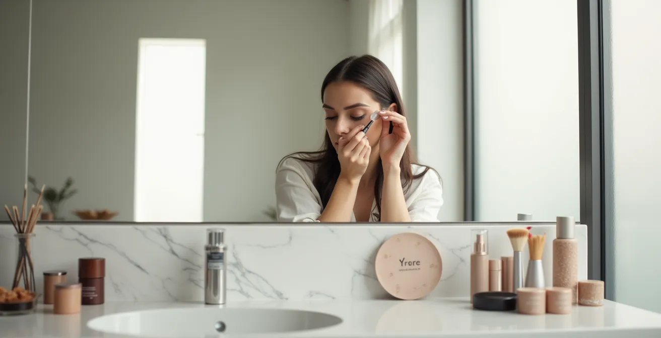 Nahaufnahme der Klebefilm-Technik beim Auftragen von dunklem Lidschatten