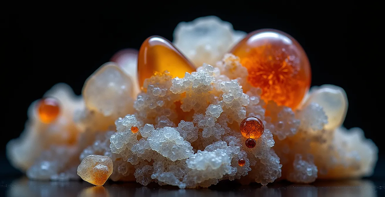 Makroaufnahme farbiger Edelsteine mit Fokus auf Texturen