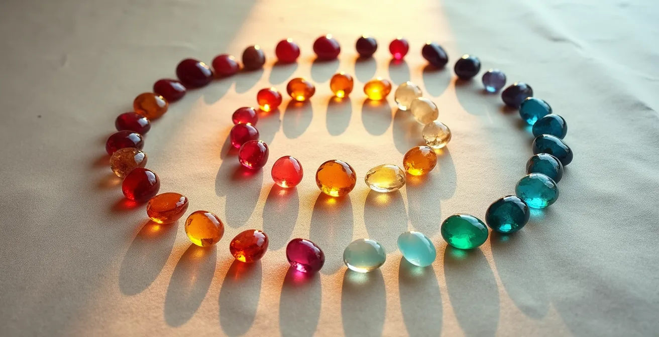 Detaillierte Darstellung verschiedener Edelsteine mit ihren spezifischen Farbwirkungen