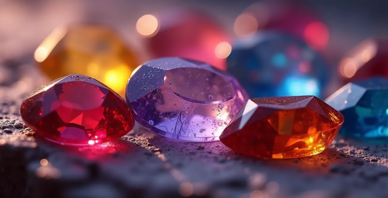 Makroaufnahme verschiedenfarbiger Edelsteine mit sichtbarer Lichtbrechung