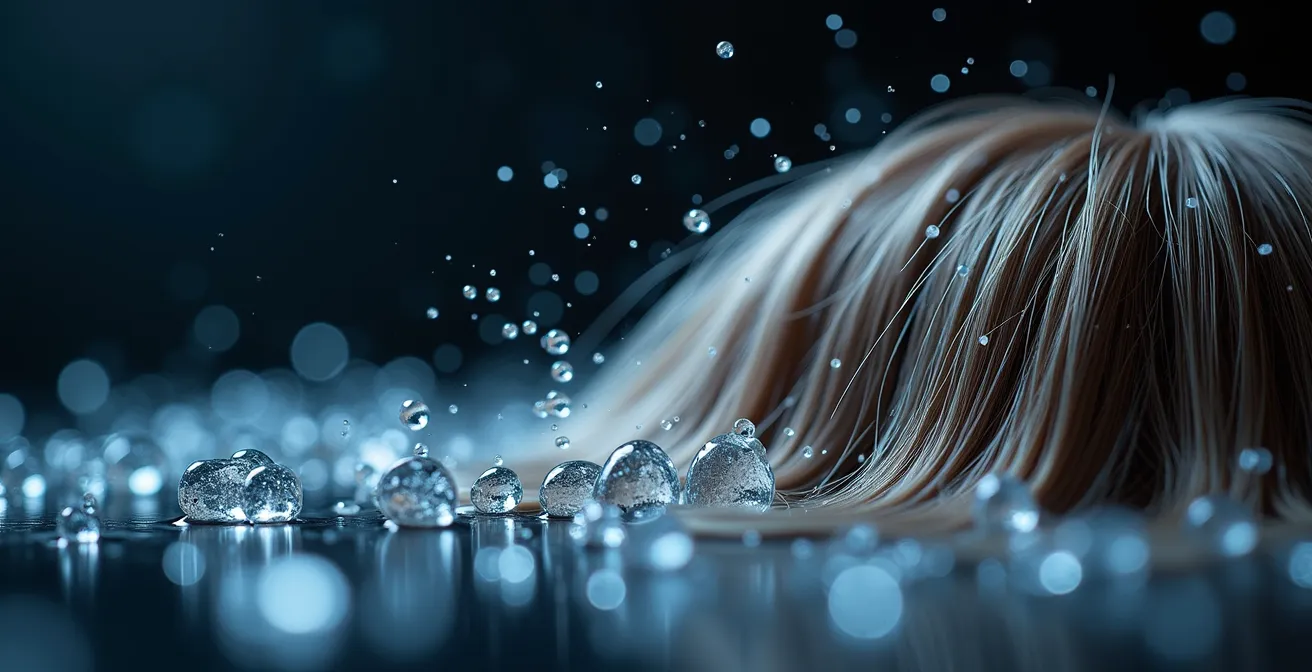 Nahaufnahme der Haarwäsche mit einem visuellen Vergleich von weichem und hartem Wasser auf den Haarsträhnen