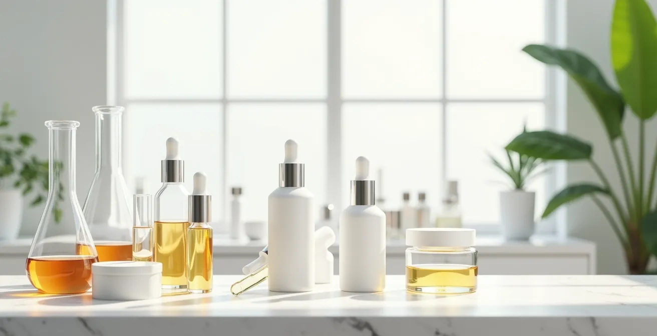 Minimalistische Darstellung von Hautpflegeprodukten in wissenschaftlicher Umgebung