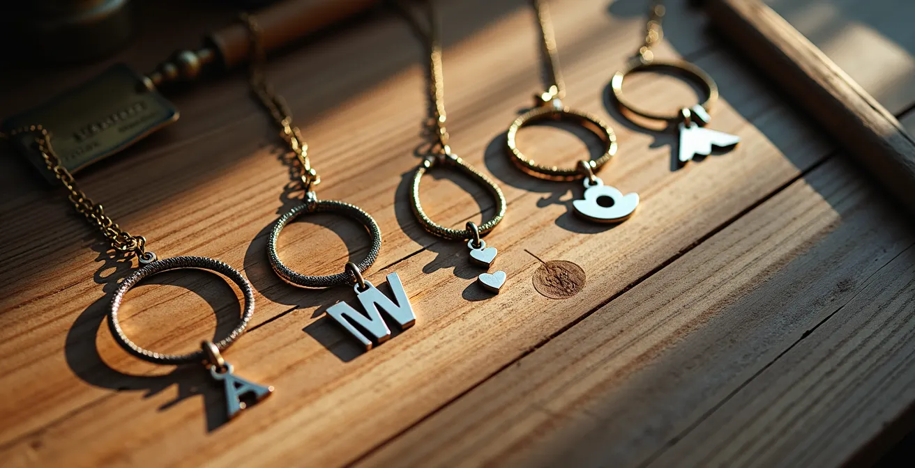 Armband mit Initialen und symbolischen Anhängern in narrativer Anordnung