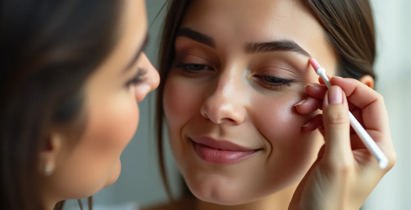 Detailaufnahme einer Make-up-Korrektur mit Wattestäbchen und neutralen Korrekturprodukten