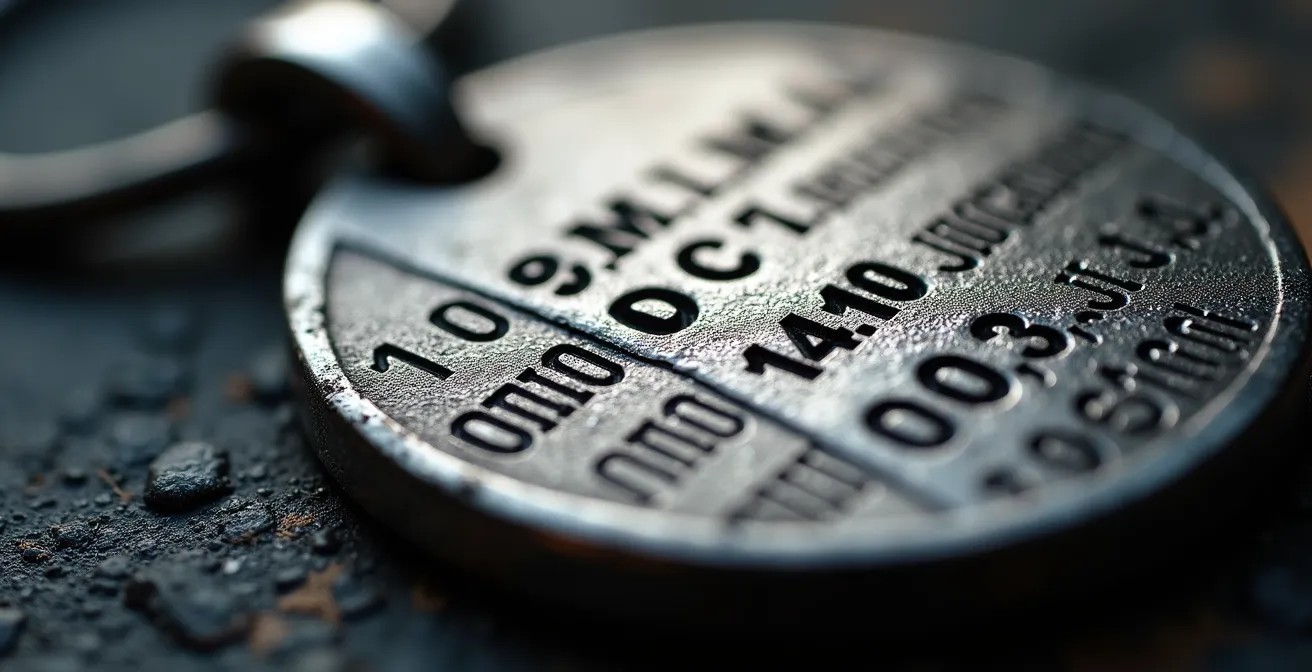 Makroaufnahme eines gravierten Anhängers mit GPS-Koordinaten und feinen Details