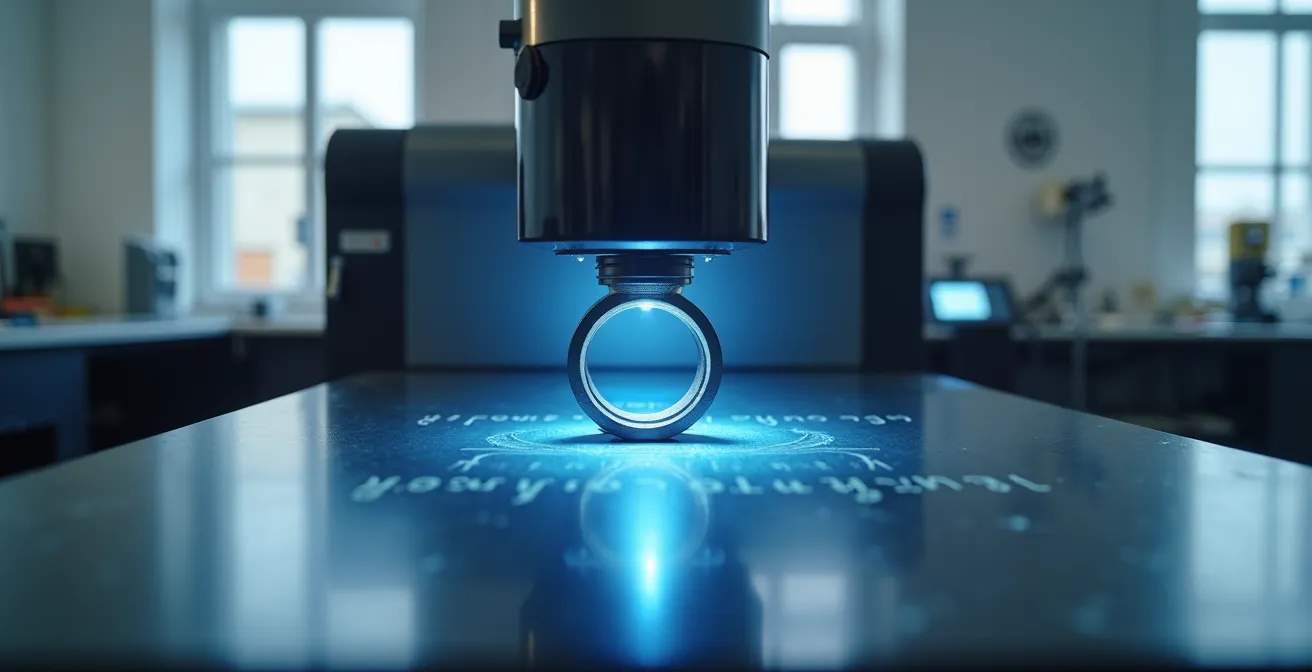 Moderne Lasergravurmaschine graviert präzise Muster auf einen Silberring in einer deutschen Werkstatt