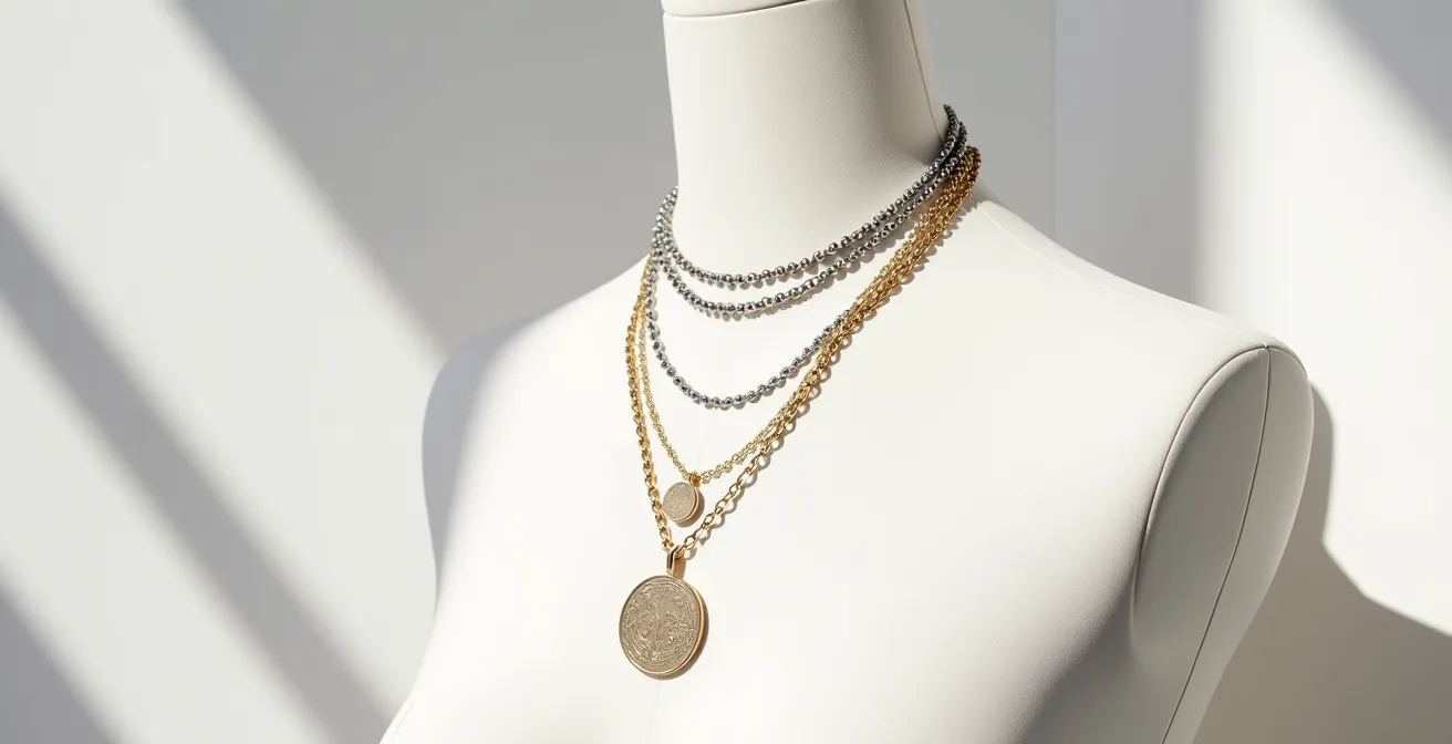Mehrschichtiges Halsketten-Layering mit graviertem Hauptanhänger auf minimalistischem Hintergrund