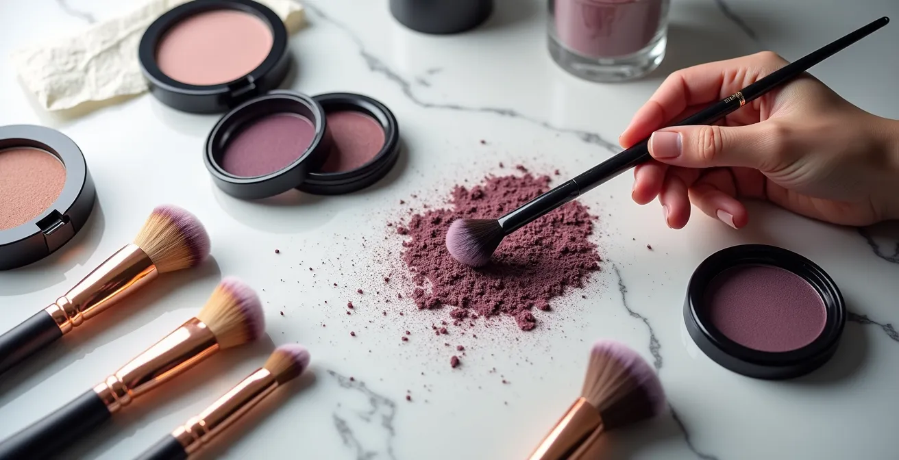 Nahaufnahme Make-up Pinsel mit Lidschattenpigmenten über geschlossenem Auge