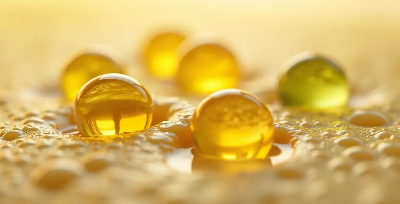 Makroaufnahme von Öltropfen mit unterschiedlicher Viskosität auf Hautoberfläche