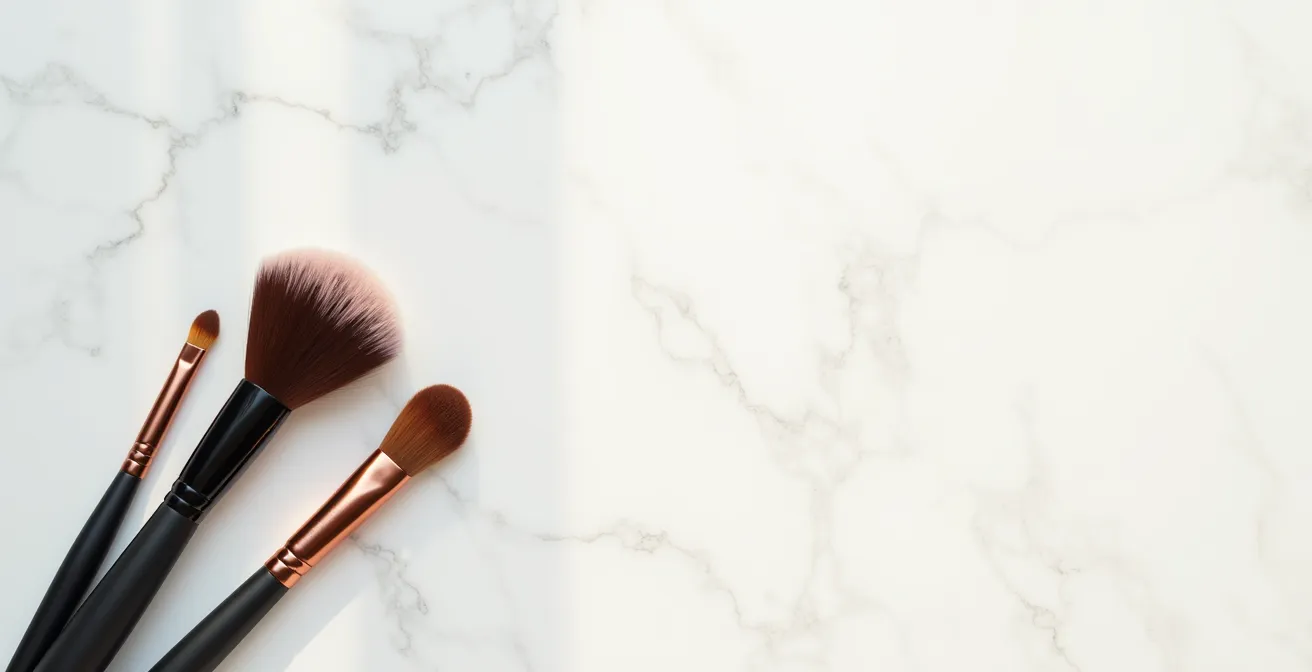 Drei professionelle Make-up-Pinsel in verschiedenen Größen und Formen auf neutralem Hintergrund