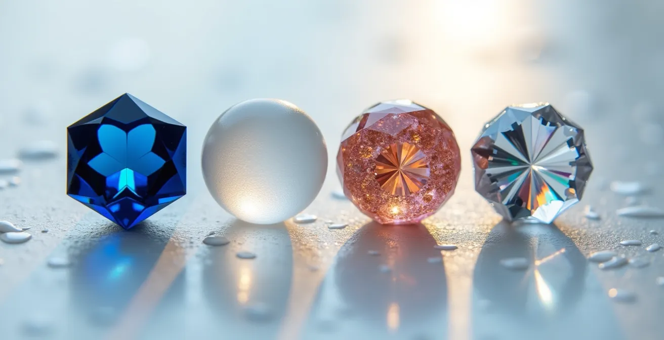 Makroaufnahme verschiedener Schmuckmaterialien mit unterschiedlicher Farbbrillanz und Textur