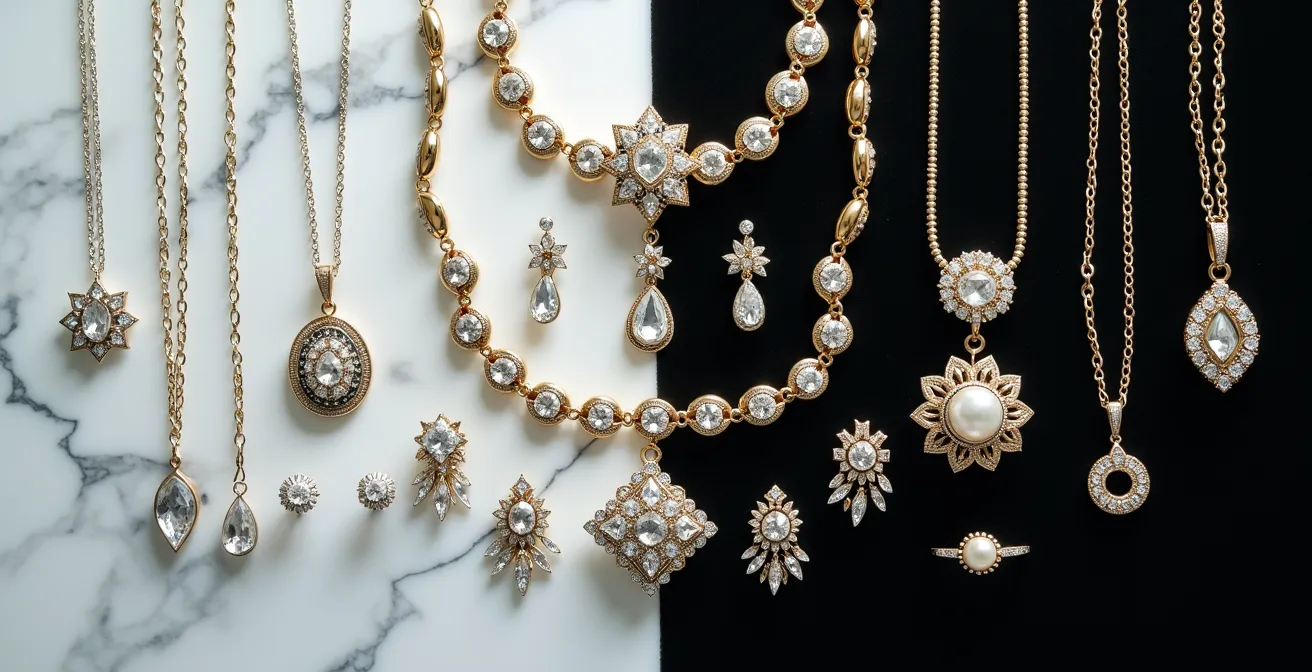 Kontrastdarstellung von minimalistischem und maximalistischem Schmuckstil, links feine Silberketten auf Marmor, rechts opulente Statement-Ketten auf Samt.