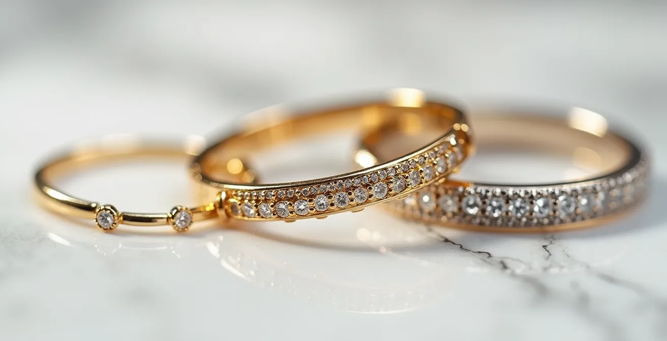 Nahaufnahme von minimalistisch arrangierten Gold- und Silberschmuckstücken auf weißem Marmor, die Materialkontraste zeigen.