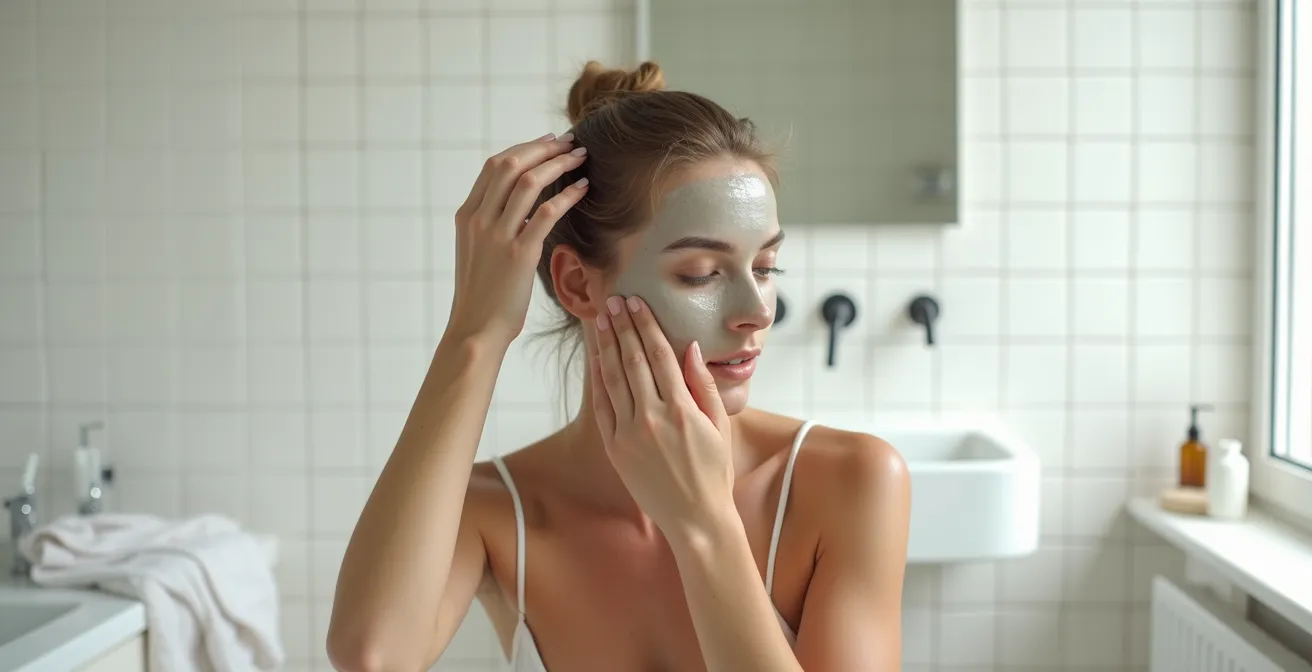 Eine Frau in einem minimalistischen Badezimmer, die gleichzeitig verschiedene Haarmasken auf verschiedene Haarbereiche aufträgt.
