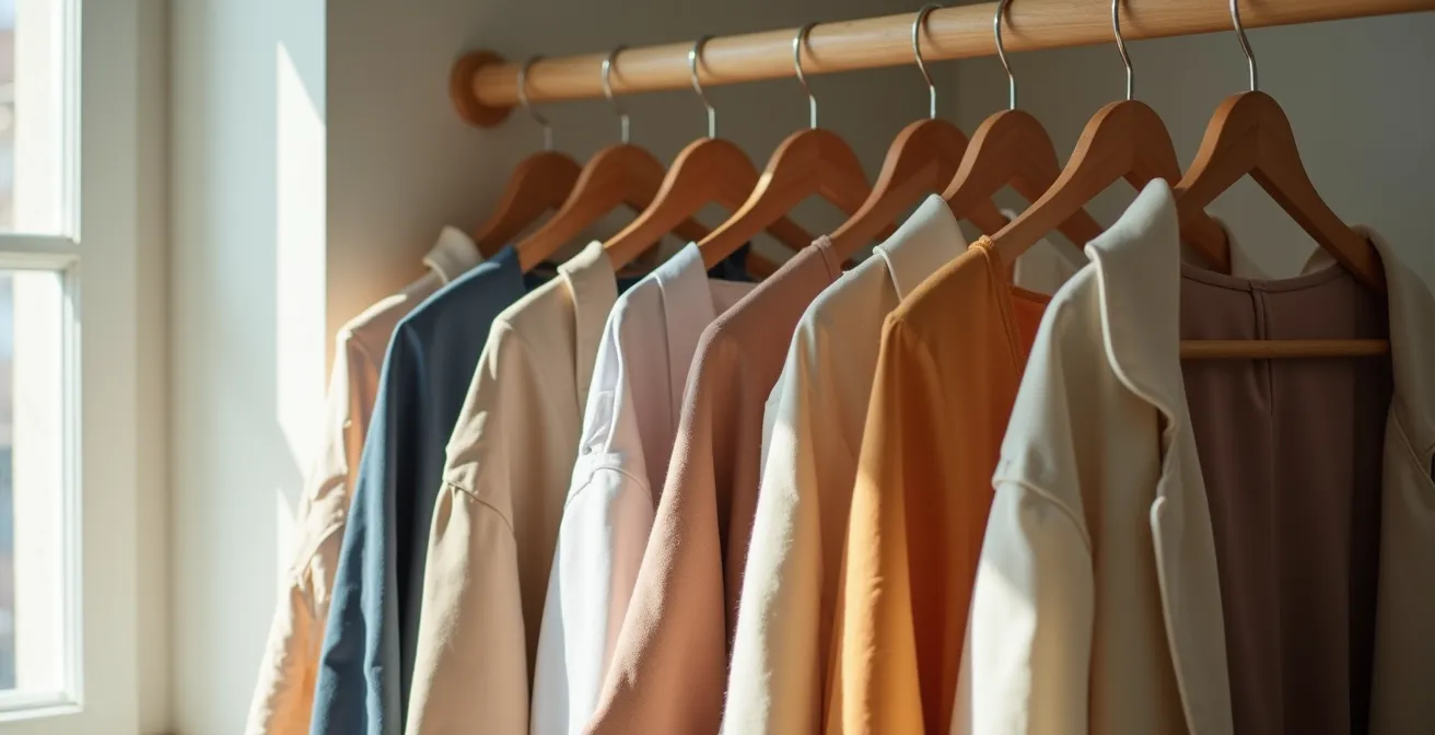 Fünf vorbereitete Outfits auf Kleiderbügeln, die zeigen, wie Statement-Accessoires die Looks für die Woche variieren.