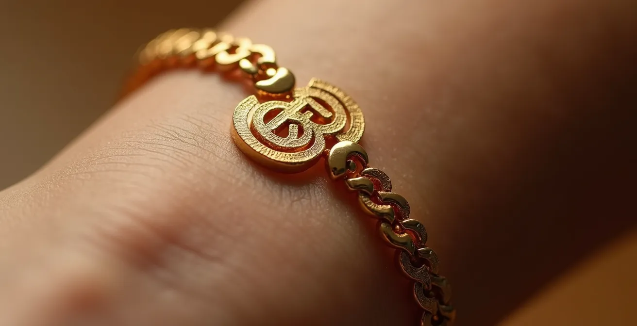 Makroaufnahme eines gravierten Armbands mit abstrakten Initialen