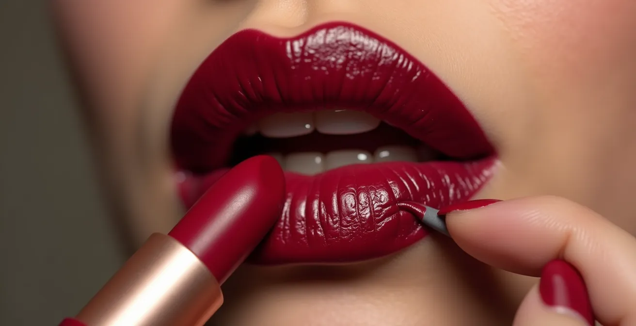 Detailaufnahme roter Lippenstift wird präzise auf volle Lippen aufgetragen