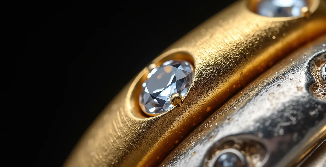 Makroaufnahme verschiedener Schmuckmaterialien nebeneinander: gebürstetes Messing, facettierter Zirkonia-Stein und die Textur von Sterlingsilber.