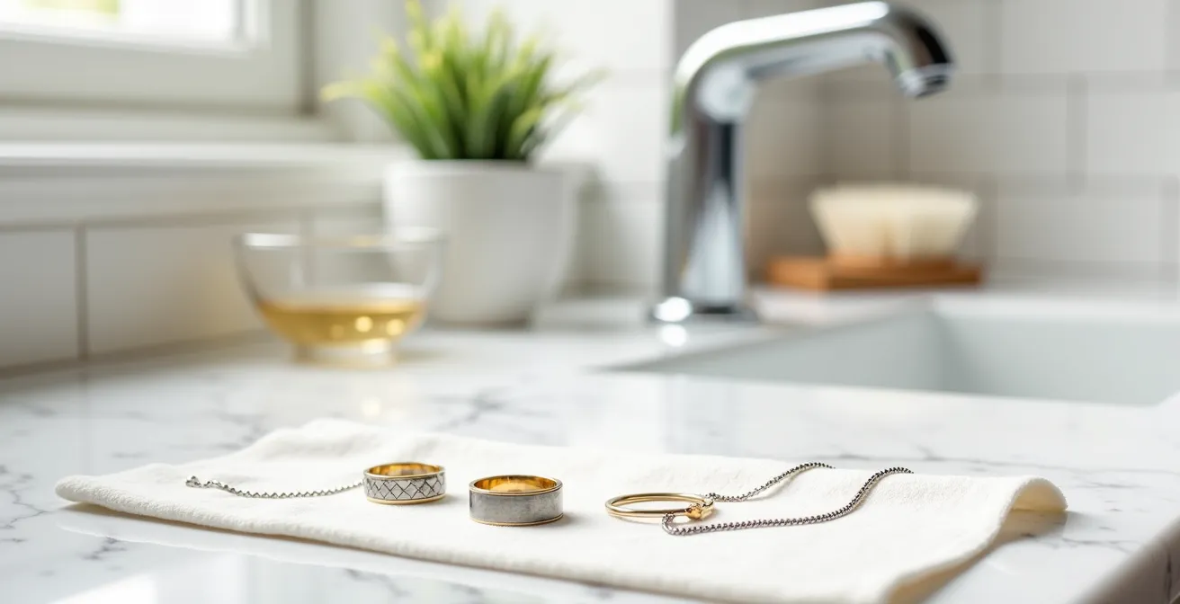 Minimalistische Schmuckstücke aus Silber und Messing liegen auf einem hellen Marmoruntergrund neben sauberen Pflegeutensilien wie einer weichen Bürste und einem Mikrofasertuch.