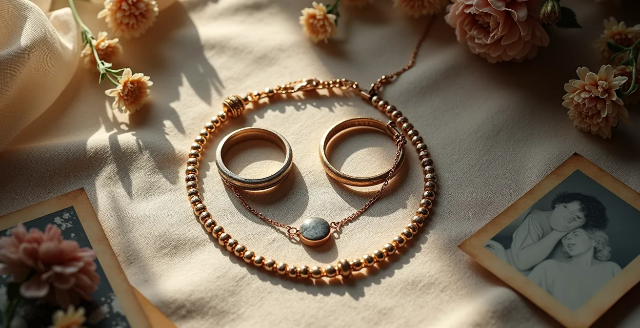 Mehrere Generationen von Schmuckstücken auf Leinen arrangiert, die eine Familiengeschichte erzählen.