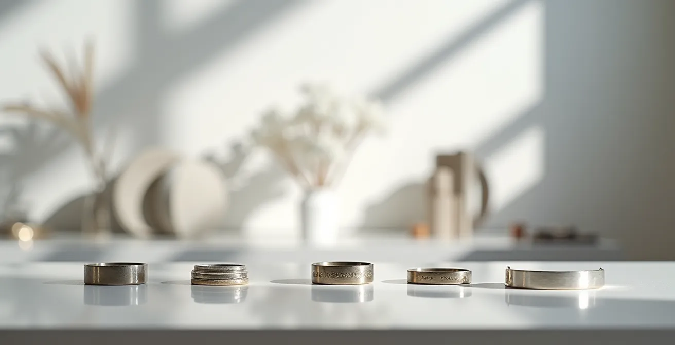 Stilisierte Darstellung verschiedener Schriftarten-Stile auf Metalloberflächen mit Bauhaus-inspirierten geometrischen Formen im Hintergrund