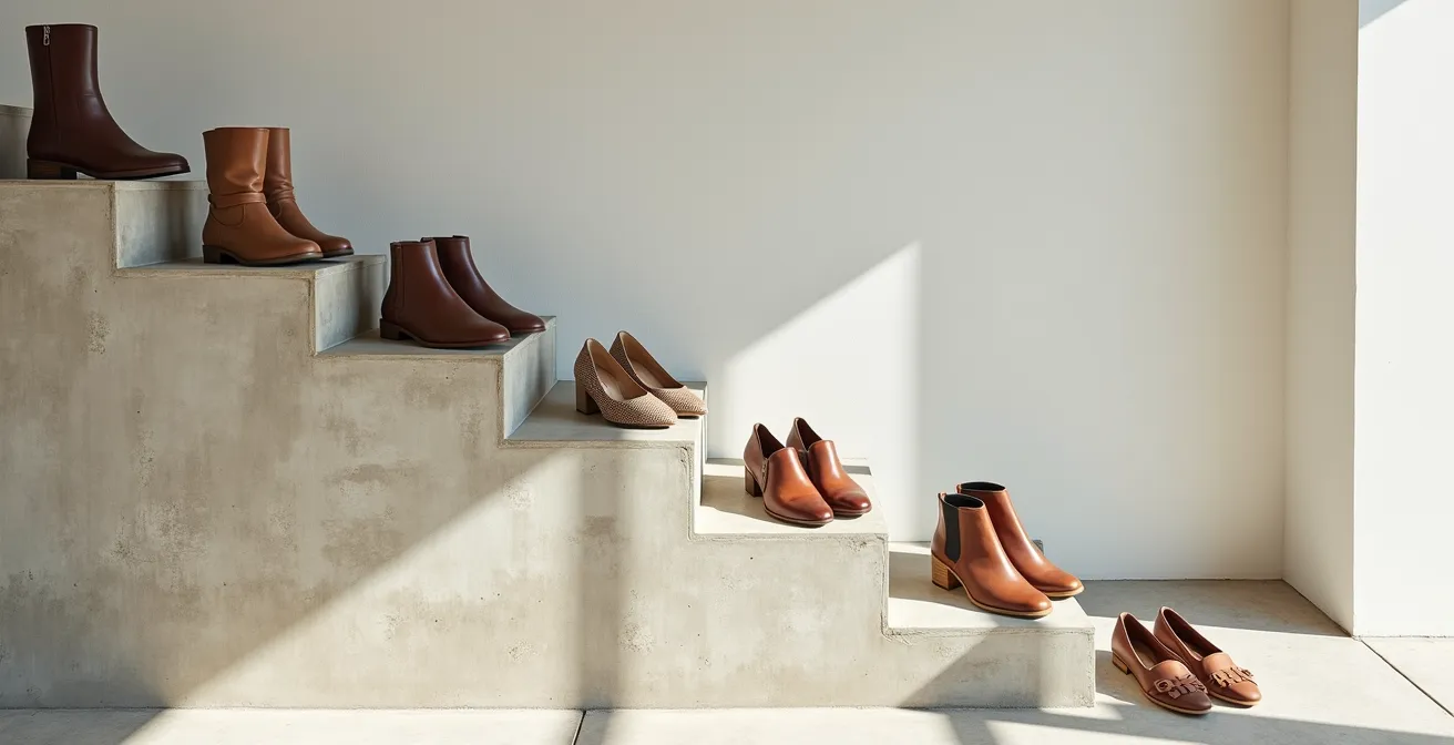 Sieben verschiedene Schuhtypen als Essential-Kollektion für deutsche Frauen arrangiert