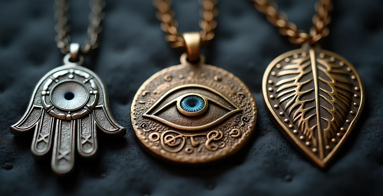 Nahaufnahme verschiedener Schutzamulette an einer Hand, kulturelle Vielfalt respektvoll dargestellt