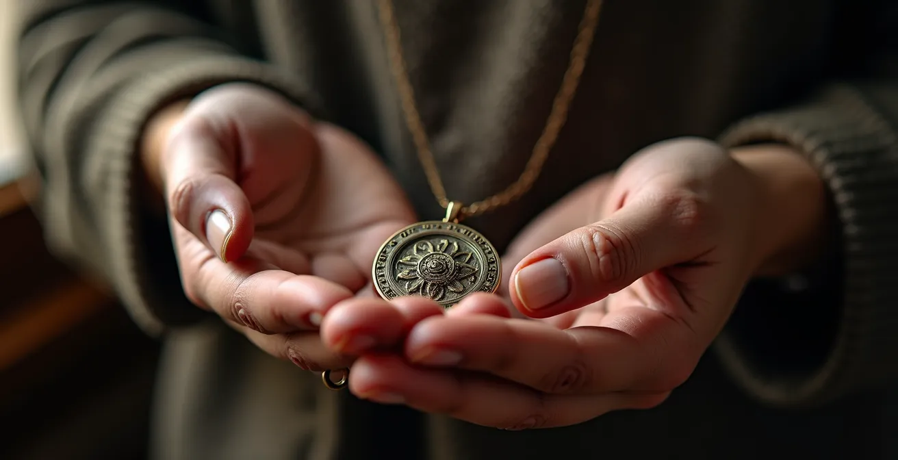 Intime Nahaufnahme einer Hand, die ein bedeutungsvolles Schmuckstück hält