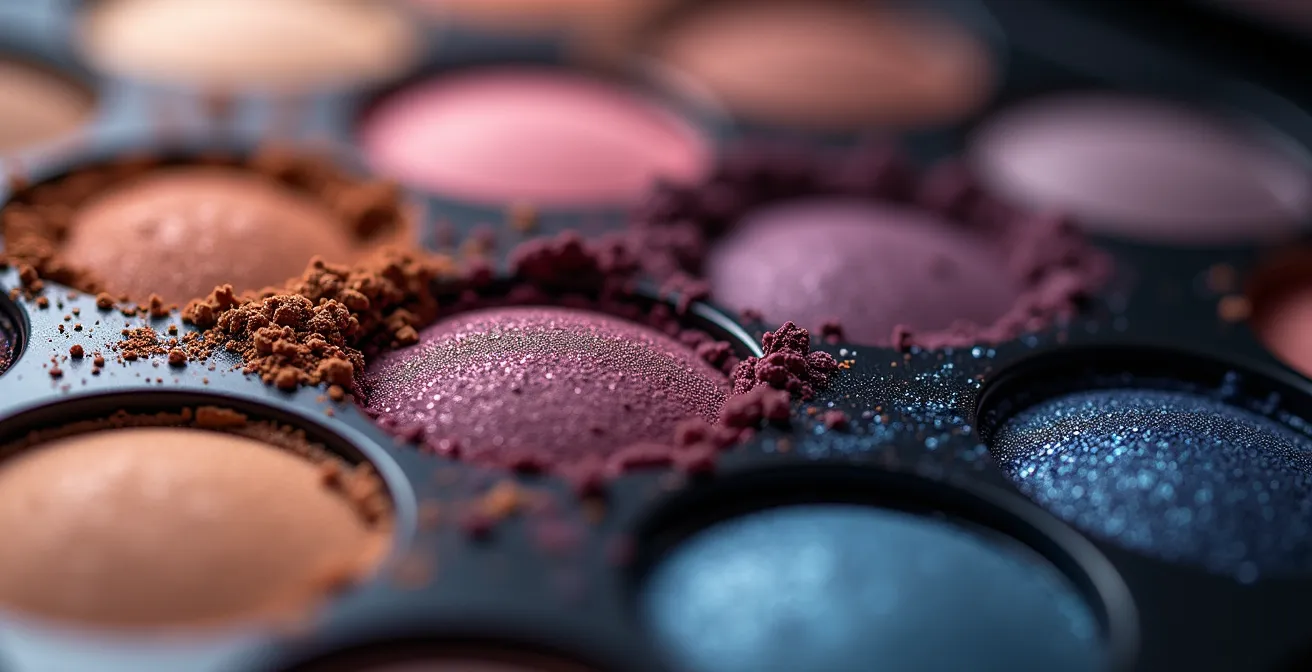 Verschiedene Smoky-Eye-Farben auf Lidschatten-Palette in Bronze, Pflaume und Marineblau