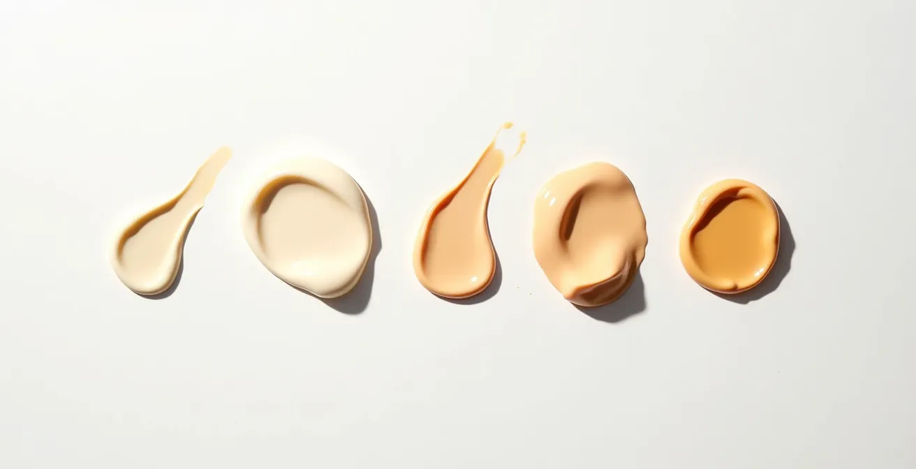 Verschiedene Sonnenschutz-Texturen wie Fluid, Creme und Stick kunstvoll arrangiert