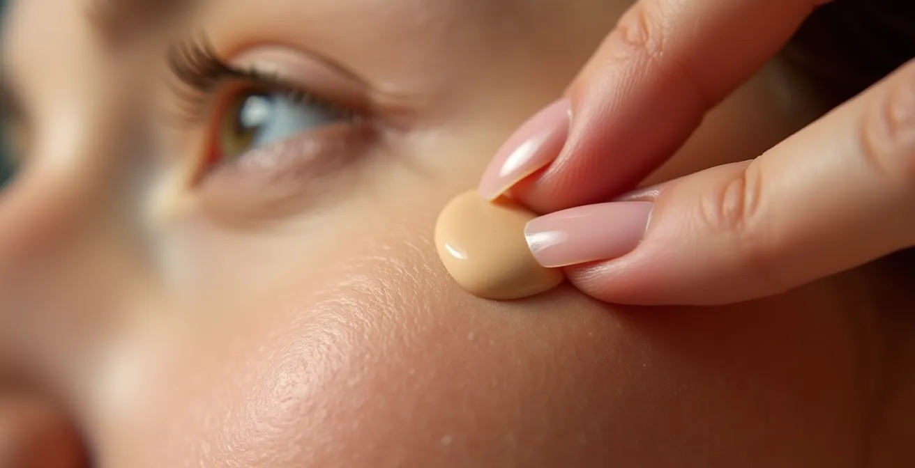Nahaufnahme einer Hand beim gezielten Auftragen von Concealer auf eine natürliche Hautpartie, um die Technik des Spot Concealings zu demonstrieren.