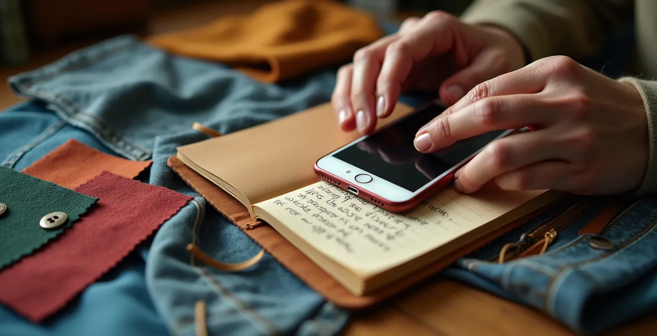 Smartphone zeigt eine Galerie mit nach Kategorien organisierten Outfit-Fotos