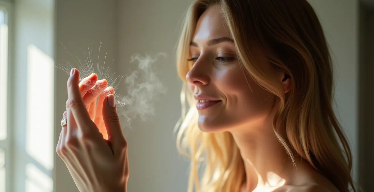 Visuelle Darstellung der 4-Wochen-Übergangsphase bei sulfatfreien Shampoos, die eine Frau mit neugierigem Gesichtsausdruck zeigt, die ihre Haarstruktur im Spiegel betrachtet.