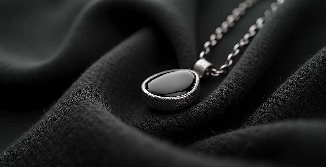 Schwarzes Outfit mit schwarzem Onyx-Schmuck in verschiedenen Texturen und Oberflächen