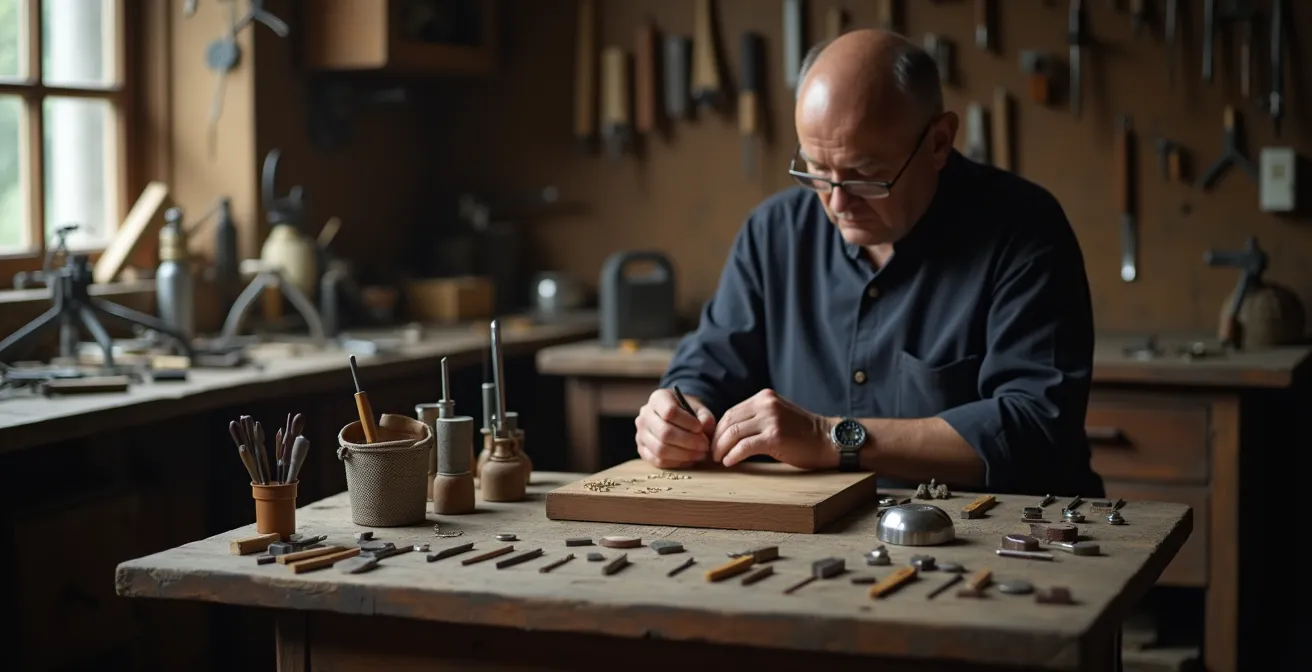 Ein Goldschmied bei der traditionellen Handgravur in einer deutschen Werkstatt, Symbol für Kunsthandwerk.