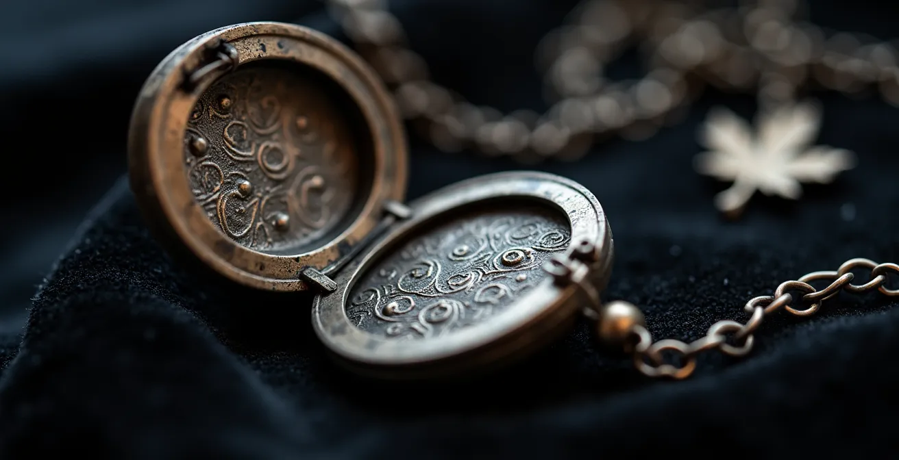 Detailaufnahme von Schmuckstücken mit versteckten Gravuren und symbolischen Elementen