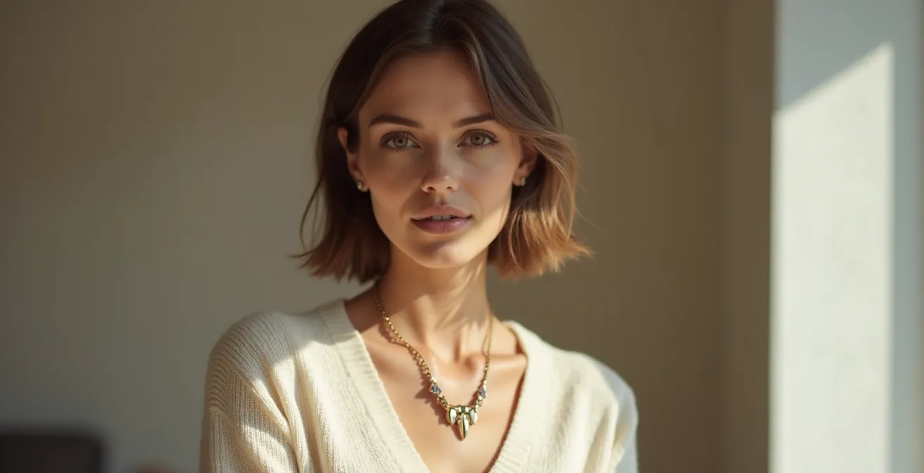 Einzelnes Statement-Schmuckstück als visueller Fokuspunkt bei neutralem Outfit