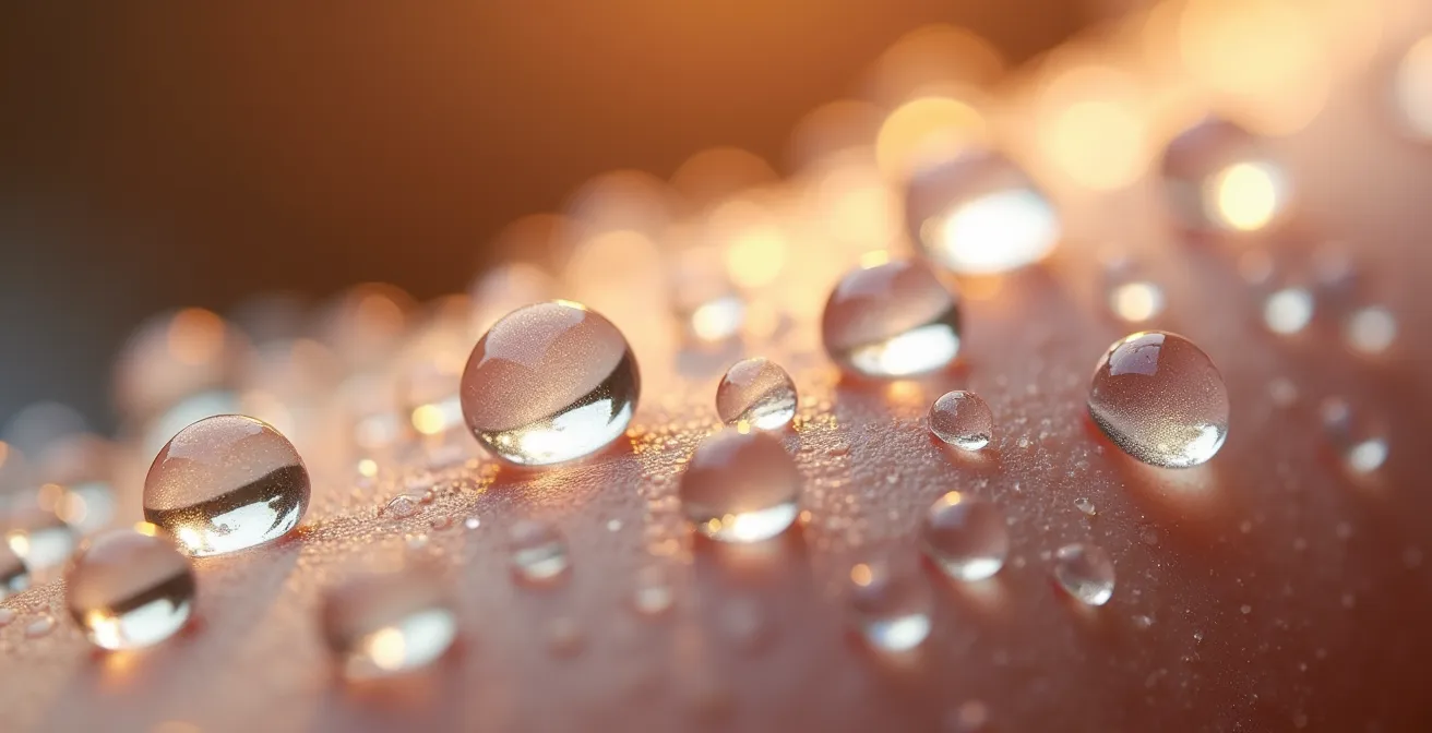 Makroaufnahme von Wassertropfen auf Haut mit sichtbarer Textur