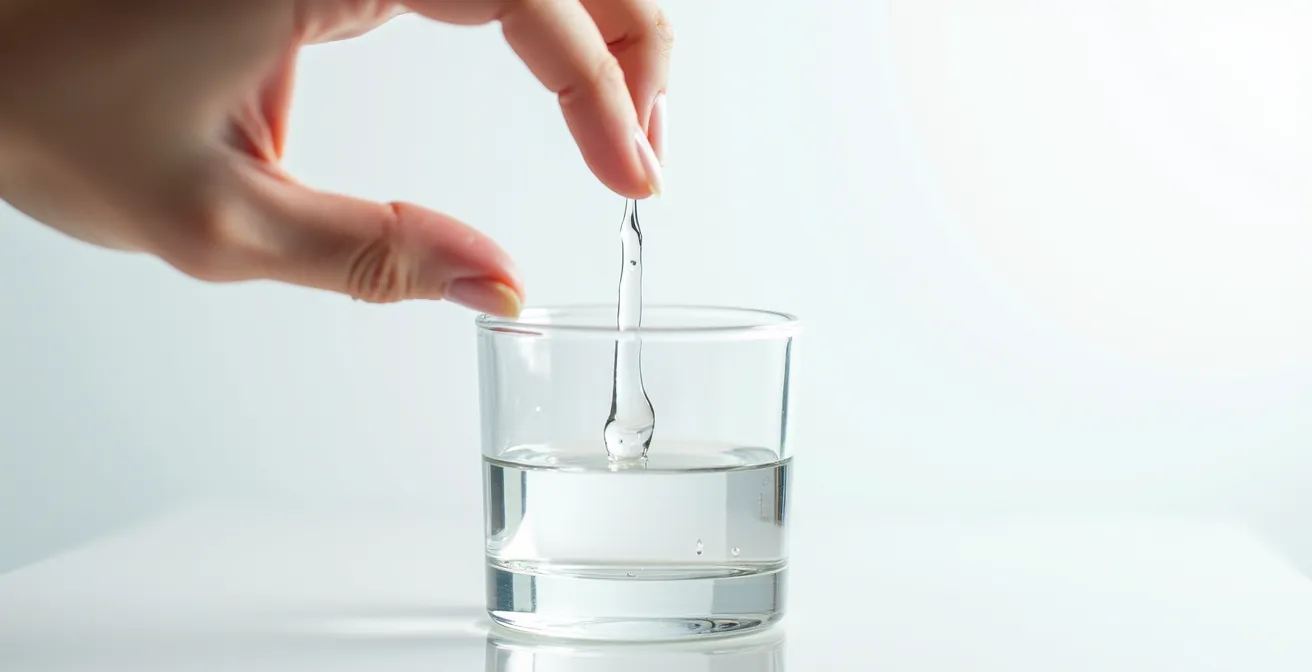 Nahaufnahme einer Hand, die eine Haarsträhne in ein Wasserglas taucht zur Porositätsbestimmung
