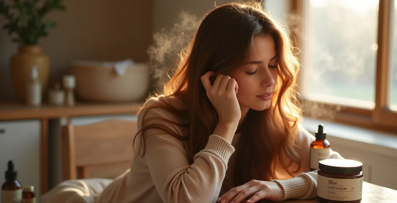 Frauenhände tragen reichhaltige Haarmaske auf lange Haare auf, umgeben von Pflegeprodukten