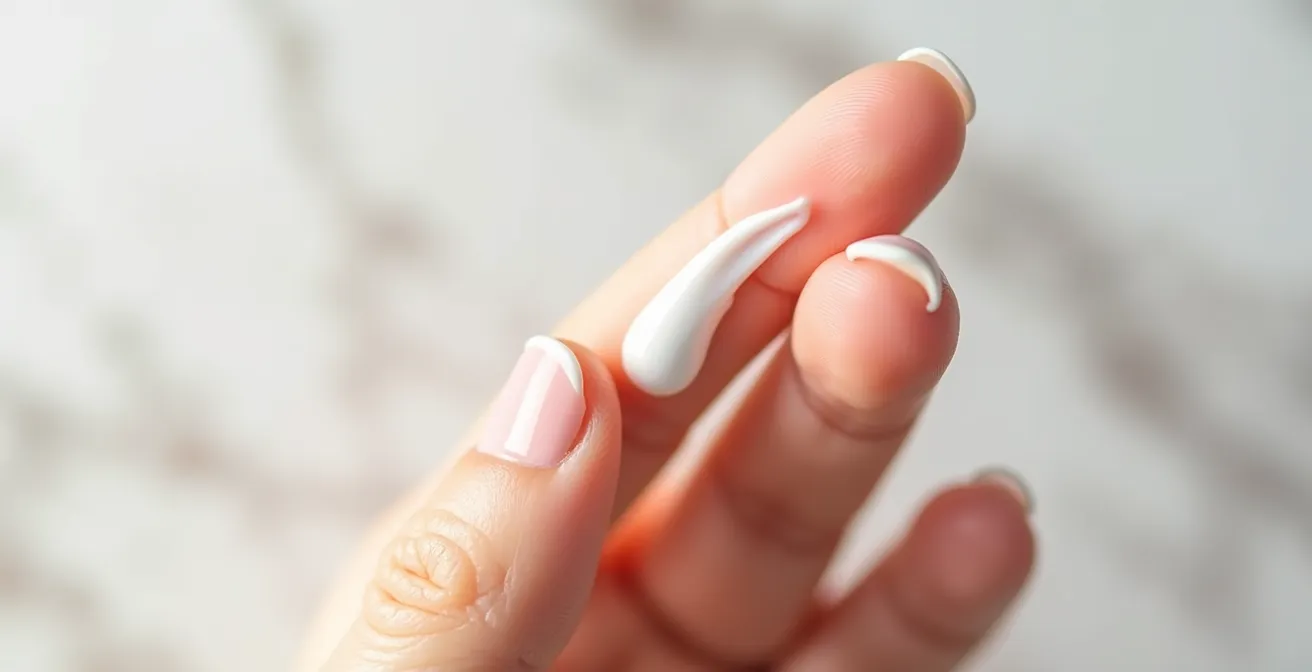 Die korrekte Menge Sonnencreme für das Gesicht visualisiert durch zwei Finger mit Cremestreifen